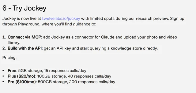 The Jockey research-preview price list on TwelveLabs' own announcement page, listing Free at 5 GB, Plus at $20 for 100 GB and Pro at $100 for 500 GB, with a daily response allowance on each tier