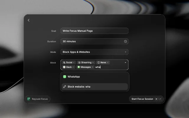 Raycast Start Focus Session form showing goal, duration, mode, and block list fields
