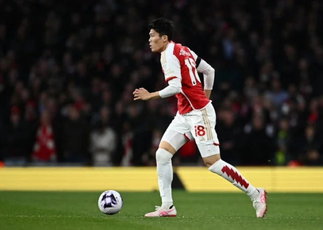 Takehiro Tomiyasu in action during a Premier League match for Arsenal vs Chelsea