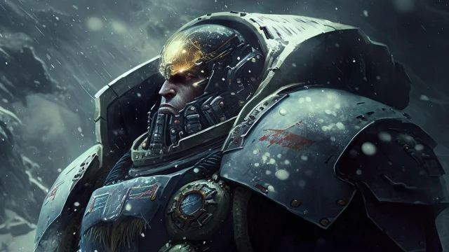 A lone Space Marine in full battle armor, visor raised, bearing the weight of a war-scarred galaxy — imagery evoking a Primarch's arrival to a siege already decided