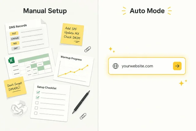Manual cold email setup vs Outbound Glow's Auto Mode