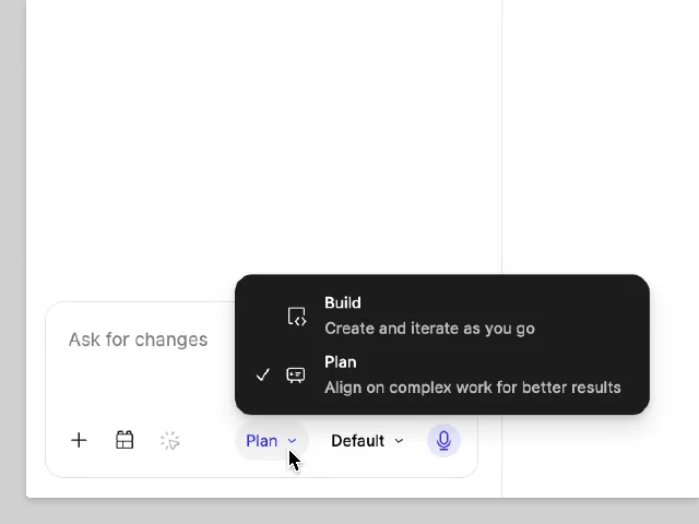 Figma Make prompt box showing the Plan / Build mode dropdown selector
