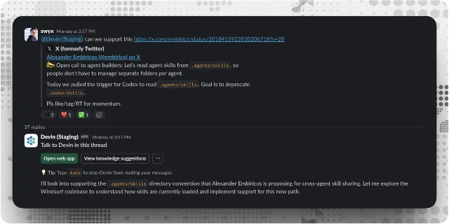 A Slack request to Devin creates a new coding session and pull request