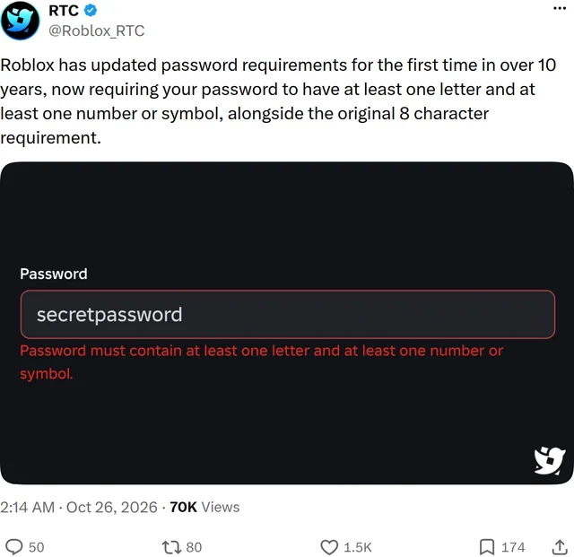 A post card from RTC reading "Roblox has updated password requirements for the first time in over 10 years, now requiring your password to have at least one letter and at least one number or symbol, alongside the original 8 character requirement", above a screenshot of a Roblox password field with "secretpassword" typed in and the red error line "Password must contain at least one letter and at least one number or symbol."