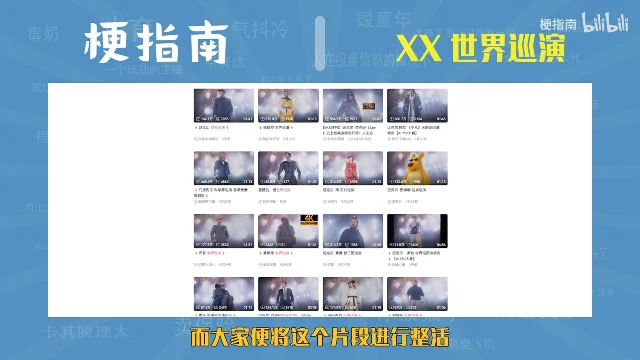 一屏 B站搜索结果，每一格都是一版「世界巡演」，标题里排着赵本山、孙悟空、门捷列夫、诗仙李白这些名字