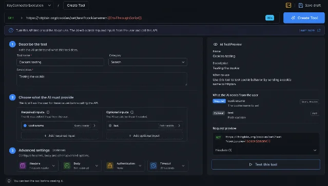 AI Tool Converter panel — tool name "Cookies testing", required input "cookiename" mapped to Query+Header, optional input "test" as Path variable, right side shows a real-time AI Tool Preview with the resolved request URL