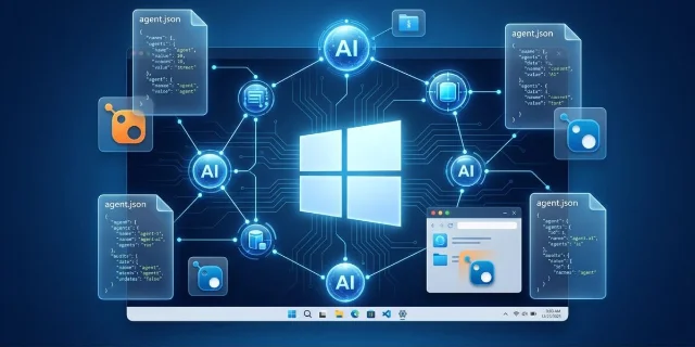 Windows Agent Framework 架构图,展示 AI Agent 节点与 NuGet 包及 agent.json 清单的连接关系
