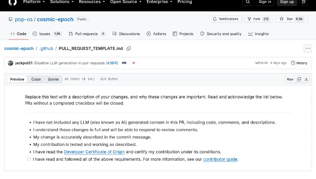 The COSMIC project's pull request template on GitHub, showing a checklist whose first item reads that no LLM-generated content is included in the pull request, including code, comments and descriptions, followed by items on understanding the changes, describing them in the commit message, testing them and certifying under the Developer Certificate of Origin