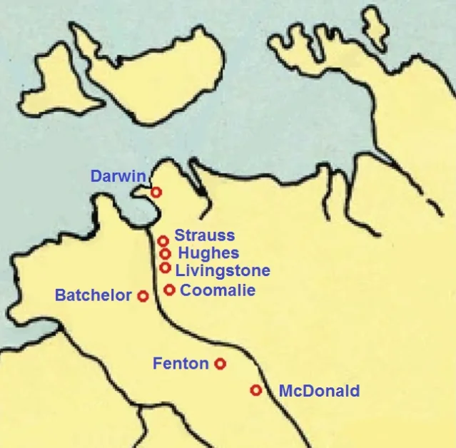 A map of the Top End of the Northern Territory with red circles marking eight named airfields