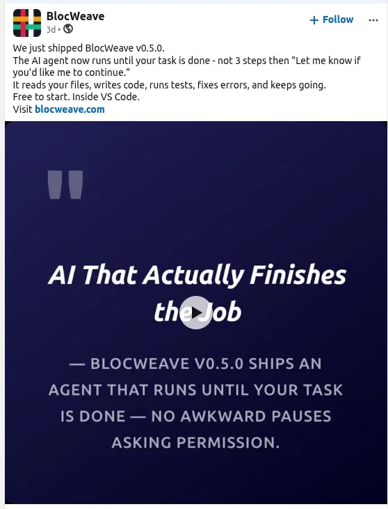 LinkedIn post from BlocWeave announcing an agent release, shown on Postlore as an example of content published with the product