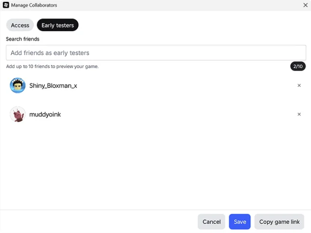 Screenshot of the Early testers tab in Roblox Studio's collaborator dialog