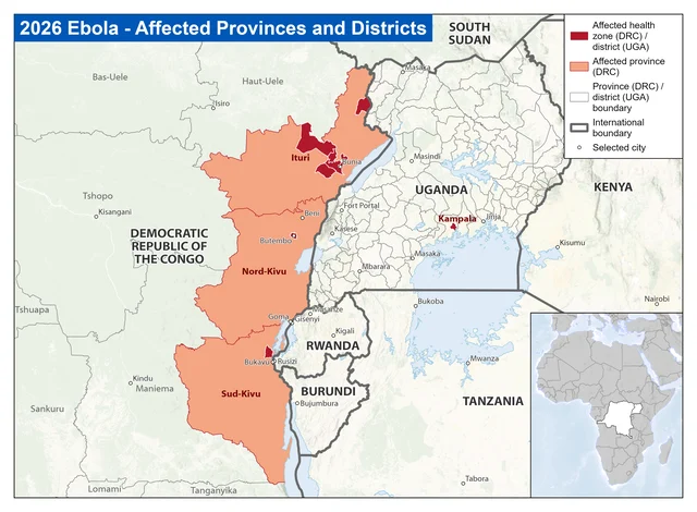 CDC map of the DRC Ebola Bundibugyo-affected provinces as of May 22, 2026