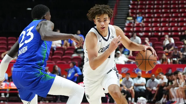 LA Clippers guard Keaton Wagler drives against the Minnesota Timberwolves in NBA Summer League.