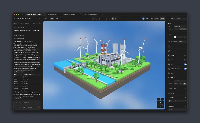Spline's desktop editor shows an Agent panel beside an editable 3D energy-production scene, with file tabs, viewport controls, and export controls