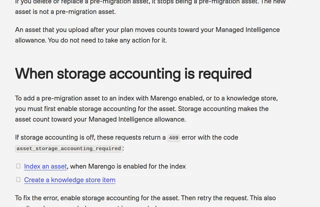 The TwelveLabs documentation section headed "When storage accounting is required", including the instructions for adding a pre-migration asset to a knowledge store and the 409 error code