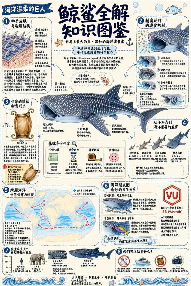 Qwen-Image-3.0 生成的鲸鲨知识图鉴,包含密集文字、结构标注、地图和体型对比