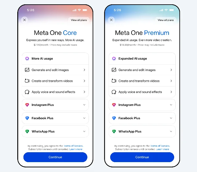 Two phone screens listing the Meta One Core bundle at $7.99 a month and the Premium bundle at $19.99 a month