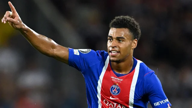 Désiré Doué celebrates Paris Saint-Germain's UEFA Super Cup win