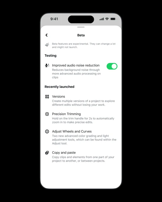 Meta Edits Beta tab for experimental features, shown with dark background branding