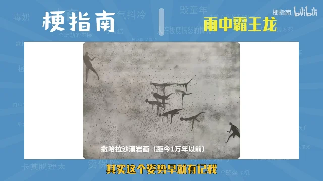 一张黑白岩石刻画照片,画面上是几个线条画成的小人,图下压着一行标注
