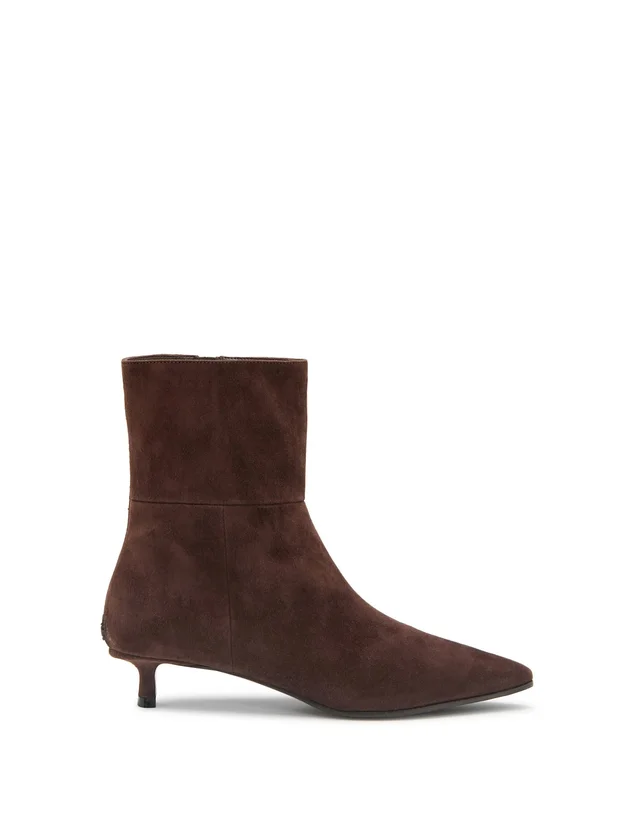 Chocolate-brown suede Jimmy Choo ankle boot with a pointed toe and a low kitten heel, side view against a white ground