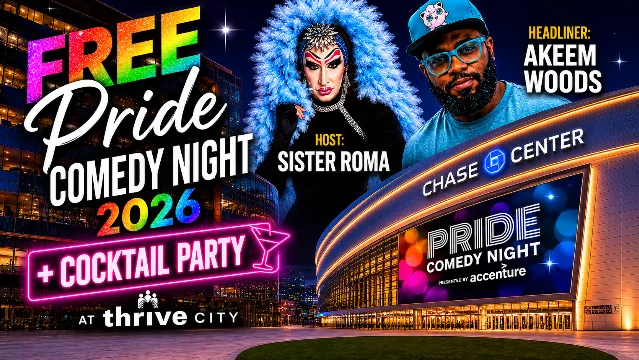 SF Pride Comedy Night 2026 outdoor event poster: rainbow-colored crowd illustration, 'Pride Comedy Night' in large text, Chase Center plaza setting