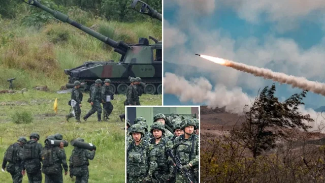 Taiwanese forces and U.S.-made artillery systems in a news photo collage