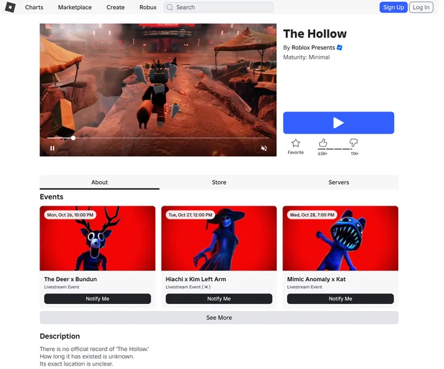 The Hollow's game page: a red-lit hub scene above a play button, with an Events rail below showing three cards headed The Deer x Bundun, Hiachi x Kim Left Arm and Mimic Anomaly x Kat, dated Mon Oct 26 10:00 PM, Tue Oct 27 12:00 PM and Wed Oct 28 7:00 PM