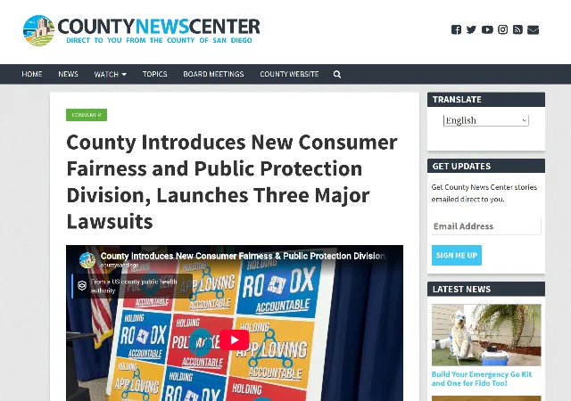 San Diego County News Center page announcing the new Consumer Fairness and Public Protection division and its first three lawsuits, with a press-conference board listing Roblox alongside AppLovin and Polymaker