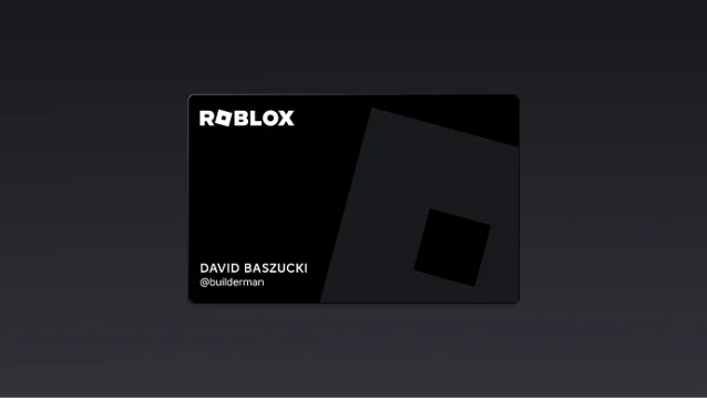 Mockup of a black physical Roblox Card displaying David Baszucki's name and handle beside a geometric logo