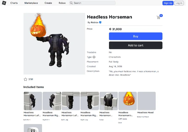 The Roblox marketplace page for the Headless Horseman bundle, priced at 31,000, with the item's artwork above a list of the ten parts it includes and a favourite count of 3.1M.