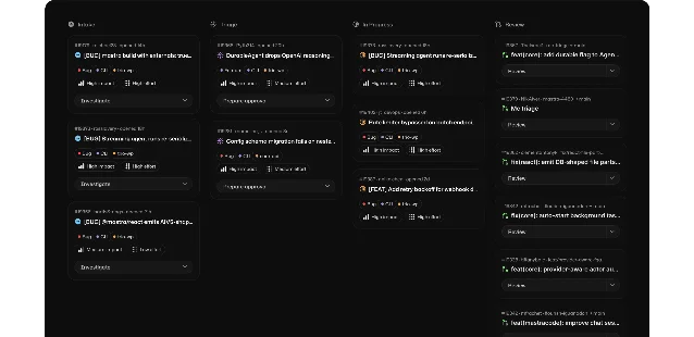 Mastra Factory board interface showing issue columns, agents, and pull-request stages