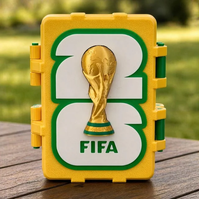 Yellow and green World Cup sticker organizer box with "26" and gold trophy design — competitor Etsy listing showing typical market pricing at $23.99