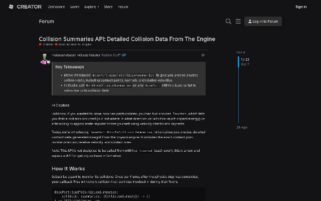 Developer Forum announcement for the Collision Summaries API, showing its Key Takeaways box, a Roblox staff author tag and post dates of 6 and 7 October
