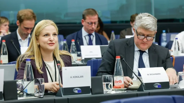 MEPs Arba Kokalari 与 Michael McNamara 在 2026 年 5 月 7 日欧洲议会的合影