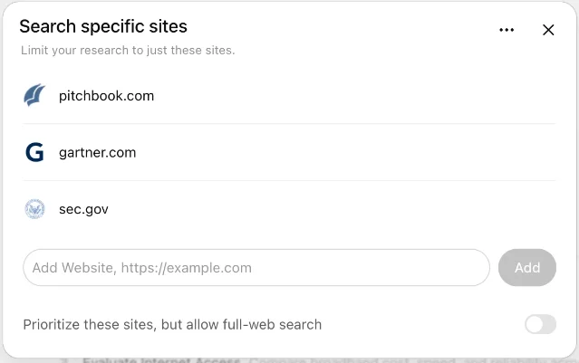 ChatGPT Deep Research's source-control panel lets you restrict a run to named sites or prioritize those sites while keeping full-web search available.