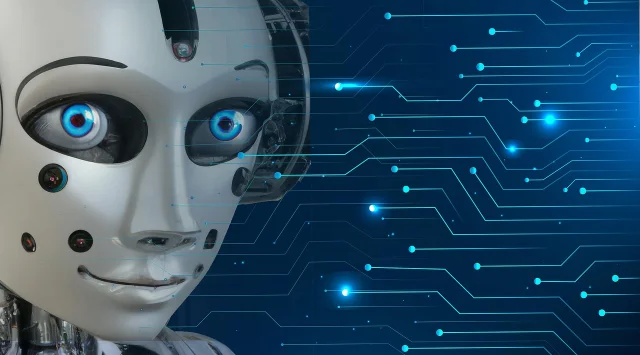 AI 未来:科幻风格的机器人面孔,象征人机协作与人工智能技术的未来