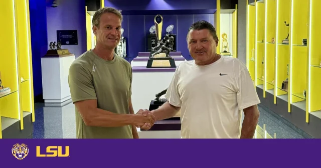 LSU head coach Lane Kiffin and former head coach Ed Orgeron at LSU Athletics official announcement