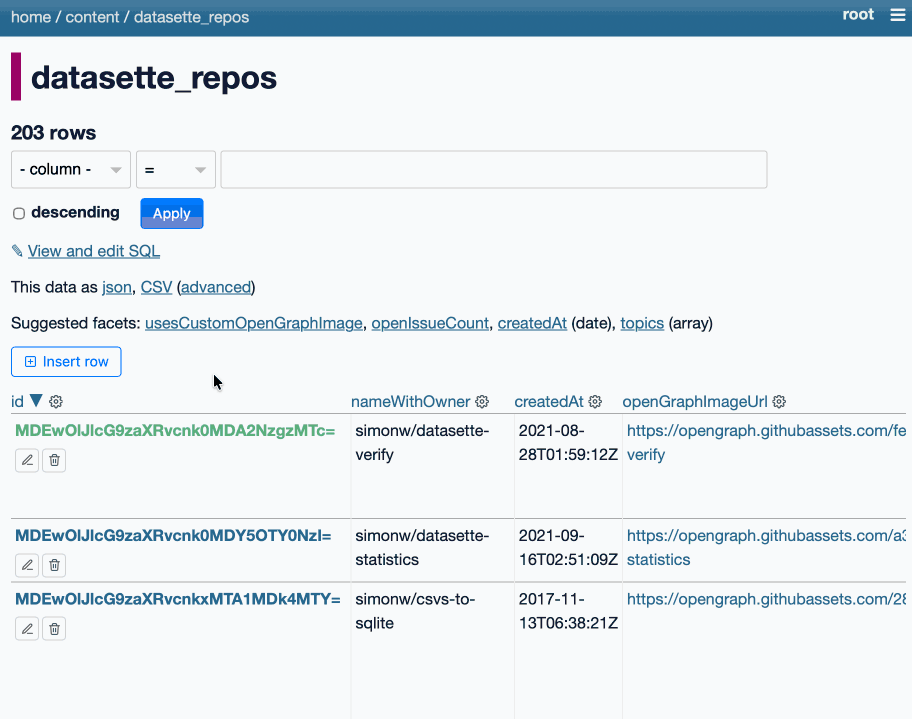 Datasette row-editing interface