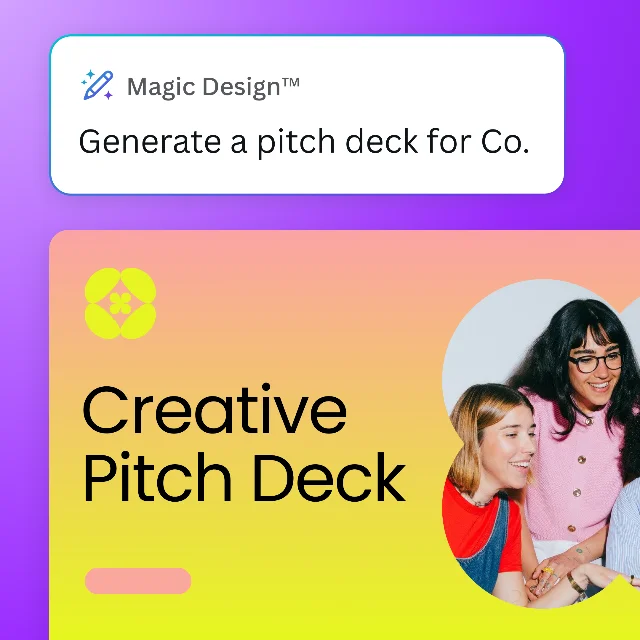 A Canva Magic Design prompt above a colorful pitch-deck layout