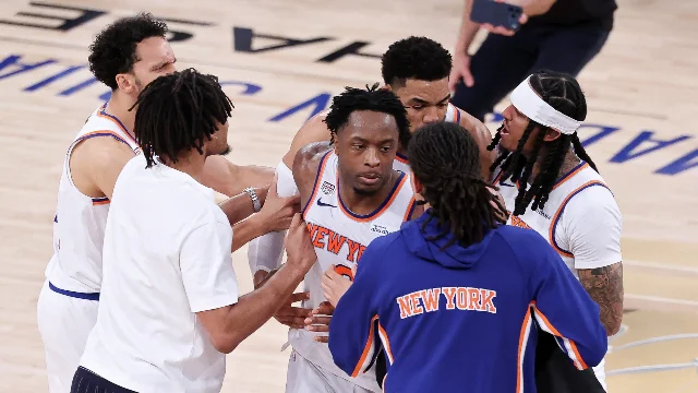 OG Anunoby celebrates with teammates after his putback tip-in with 1.2 seconds left in Game 4 of the 2026 NBA Finals