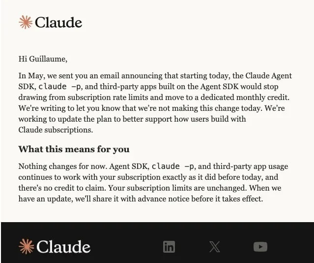 Claude Agent SDK billing email screenshot