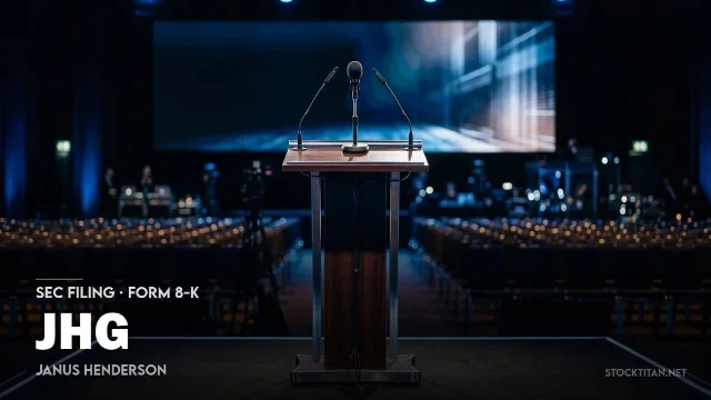SEC filing cover for JHG 8-K — conference hall backdrop with "SEC FILING · FORM 8-K · JHG · JANUS HENDERSON" label