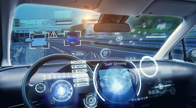 Illustration of augmented-reality information projected across a vehicle windshield