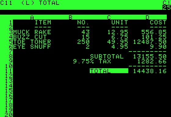 VisiCalc spreadsheet running on an Apple II — an invoice with items, quantities, prices, and a 9.75% tax line
