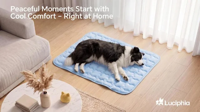 A dog resting on a blue cooling mat