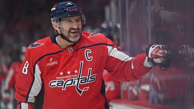 Alex Ovechkin of the Washington Capitals after scoring his first goal of the season