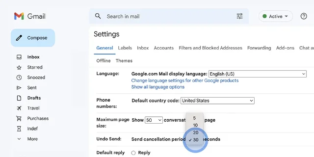 Google 官方 Gmail 设置截图：Undo Send 的发送取消期可选 5、10、20 或 30 秒