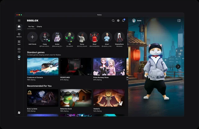 A desktop Roblox window showing the Home page with a left navigation rail, an avatar row across the top, Standout games and Recommended For You grids, and on the right a wide pane showing a full-body avatar in a hoodie standing in a lantern-lit city street