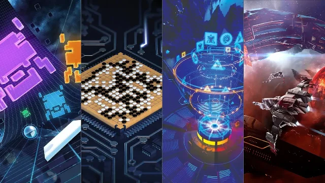 四联画展示从街机、围棋和策略游戏到太空战斗的游戏 AI 研究场景